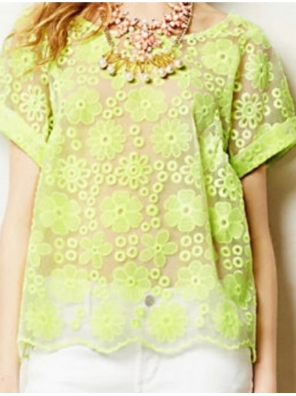 Meadow Rue Sheer Floral Lace Short-Sleeve Unconventional Lace Top in Lime